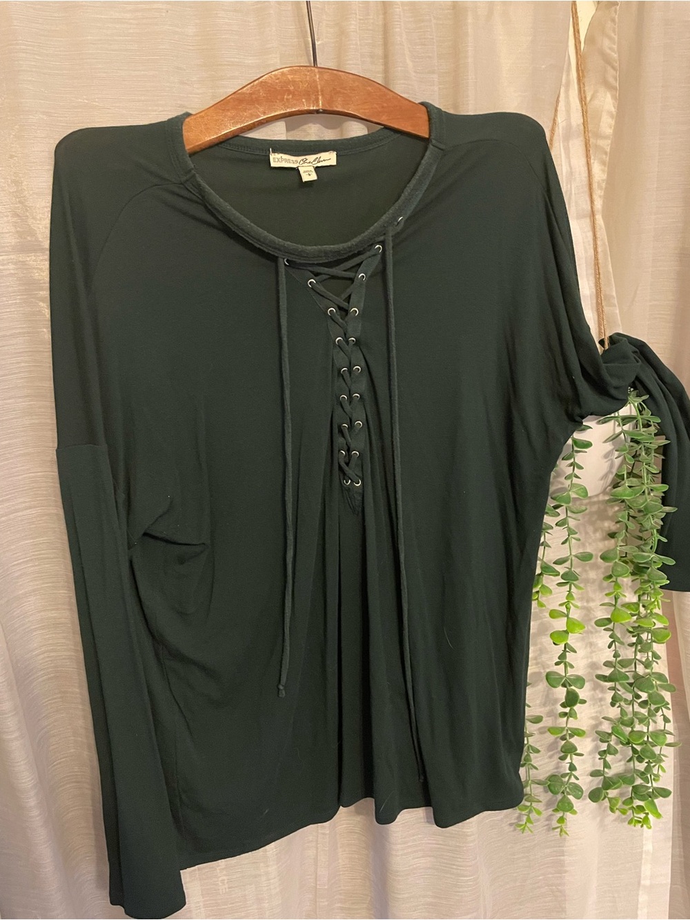 Express Women's Lace-Up Long Sleeve Top - Dark Green